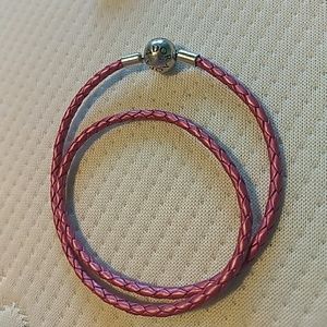 PANDORA double loop Pink Metallic Leather Bracelet